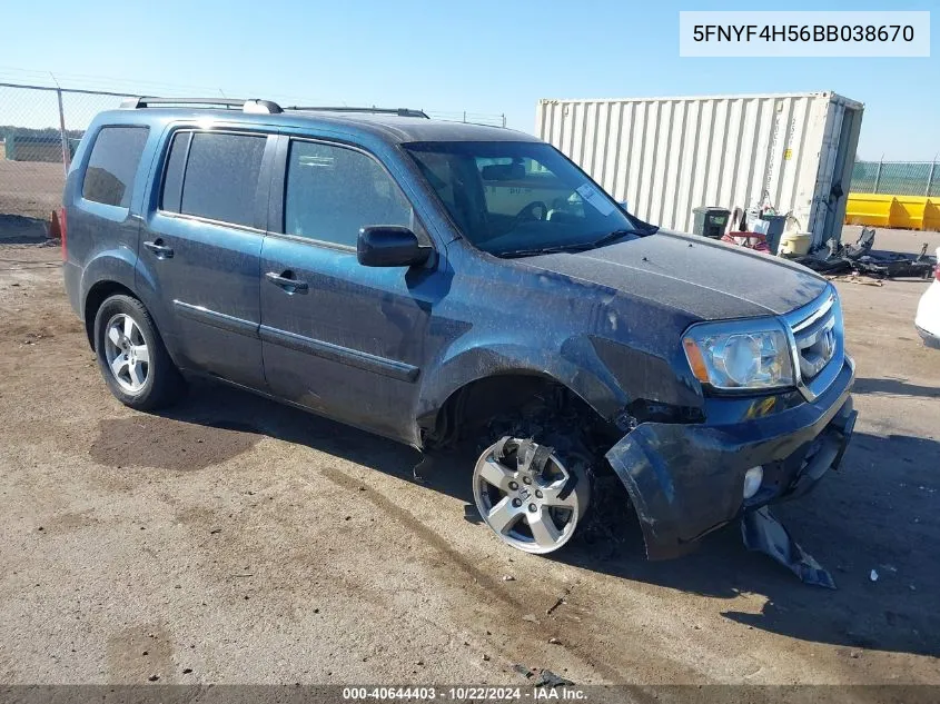 2011 Honda Pilot Ex-L VIN: 5FNYF4H56BB038670 Lot: 40644403