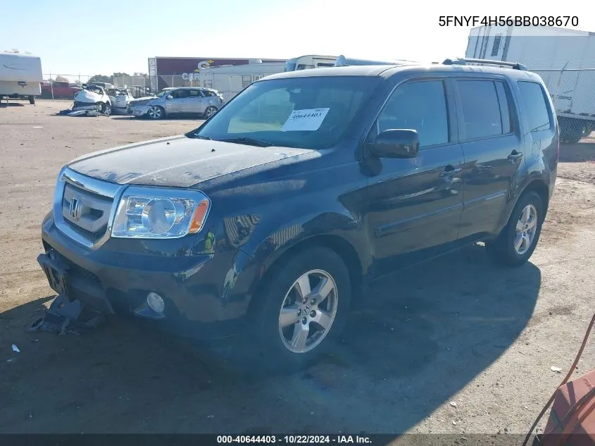 2011 Honda Pilot Ex-L VIN: 5FNYF4H56BB038670 Lot: 40644403