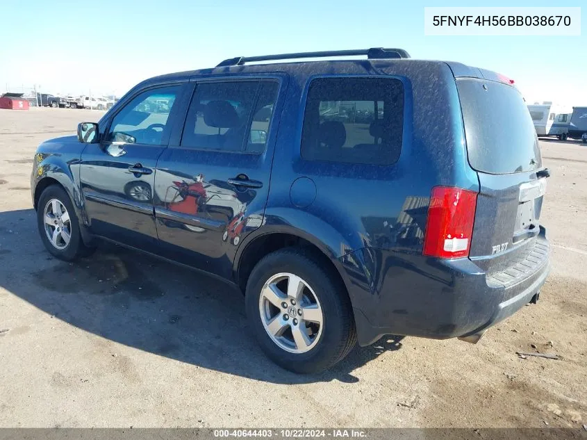 2011 Honda Pilot Ex-L VIN: 5FNYF4H56BB038670 Lot: 40644403