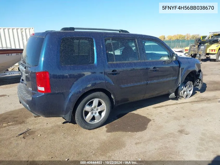 2011 Honda Pilot Ex-L VIN: 5FNYF4H56BB038670 Lot: 40644403