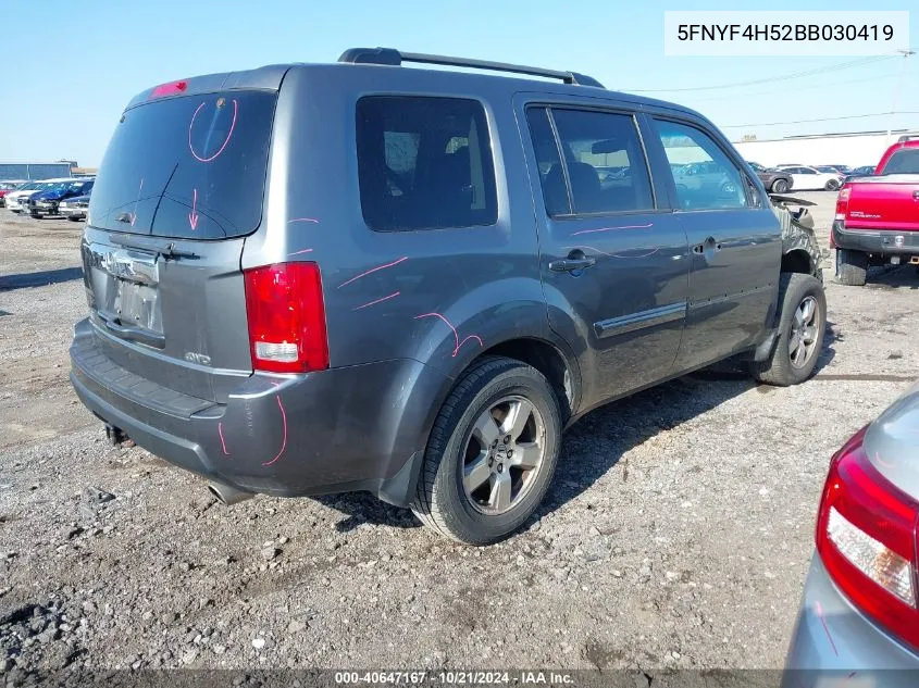 2011 Honda Pilot Ex-L VIN: 5FNYF4H52BB030419 Lot: 40647167