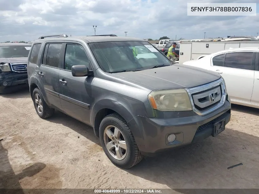 2011 Honda Pilot Ex-L VIN: 5FNYF3H78BB007836 Lot: 40649999