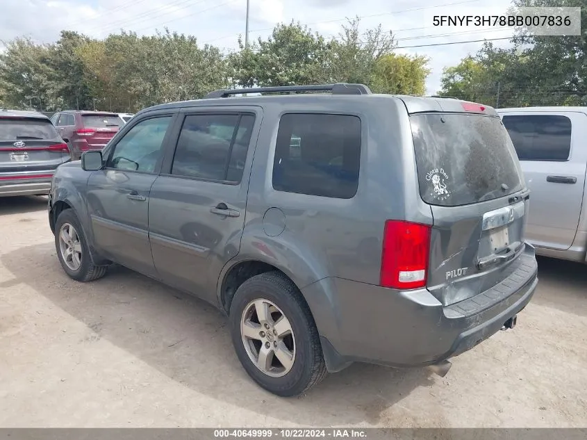 2011 Honda Pilot Ex-L VIN: 5FNYF3H78BB007836 Lot: 40649999