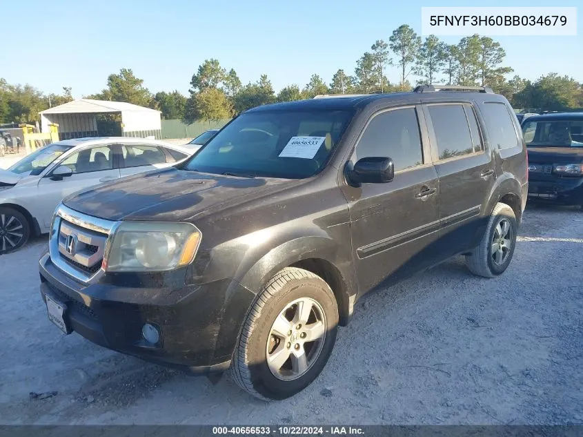 2011 Honda Pilot Ex-L VIN: 5FNYF3H60BB034679 Lot: 40656533