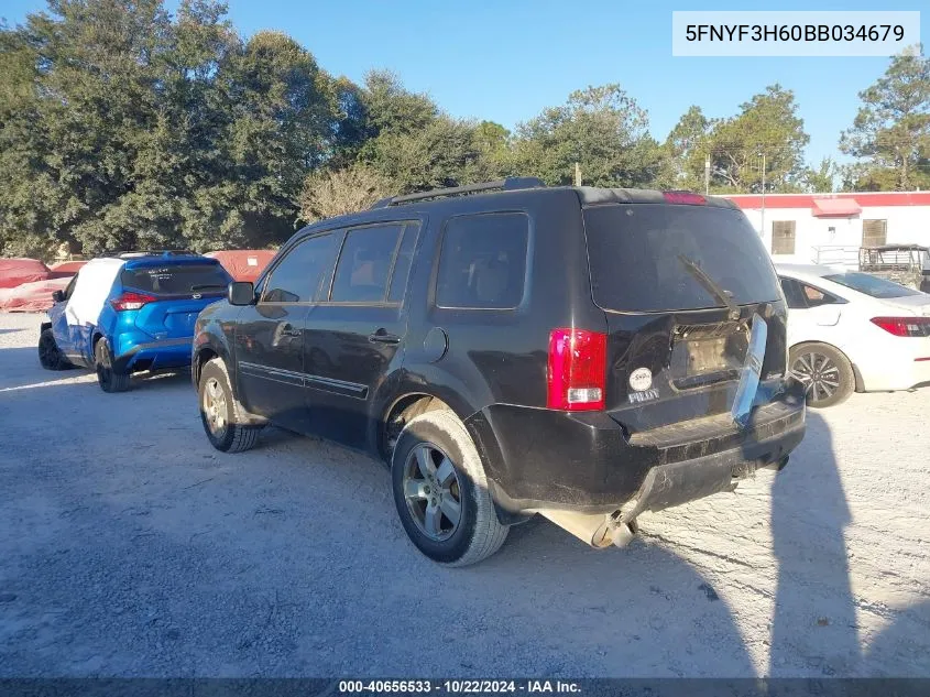 2011 Honda Pilot Ex-L VIN: 5FNYF3H60BB034679 Lot: 40656533