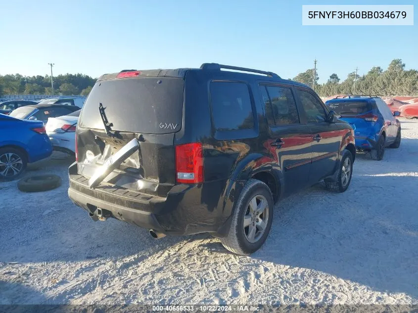 2011 Honda Pilot Ex-L VIN: 5FNYF3H60BB034679 Lot: 40656533