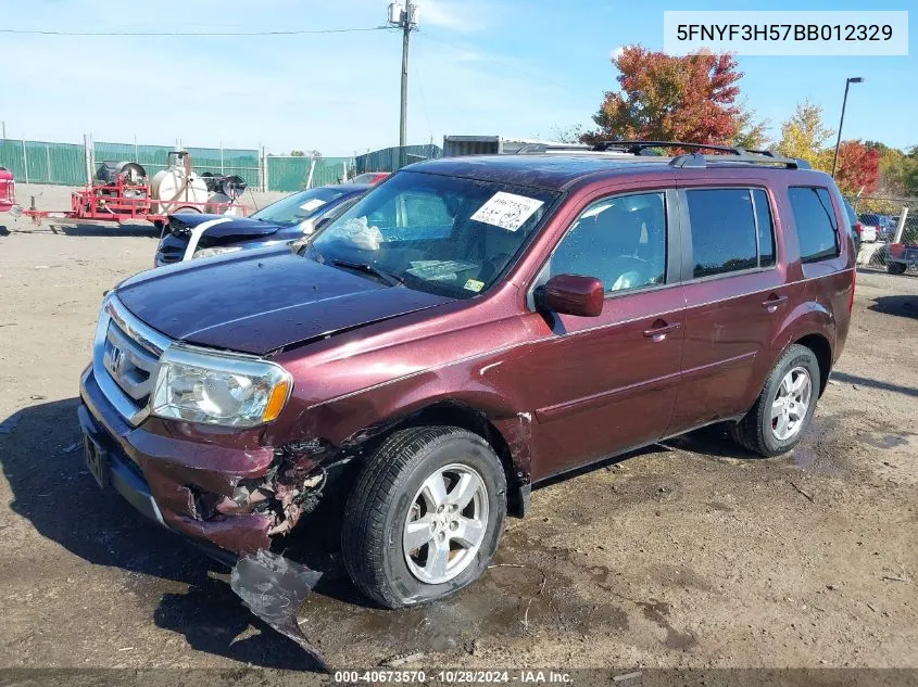 2011 Honda Pilot Ex-L VIN: 5FNYF3H57BB012329 Lot: 40673570