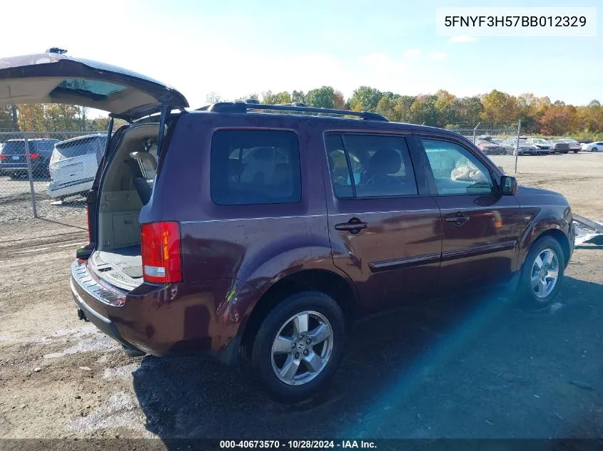 2011 Honda Pilot Ex-L VIN: 5FNYF3H57BB012329 Lot: 40673570