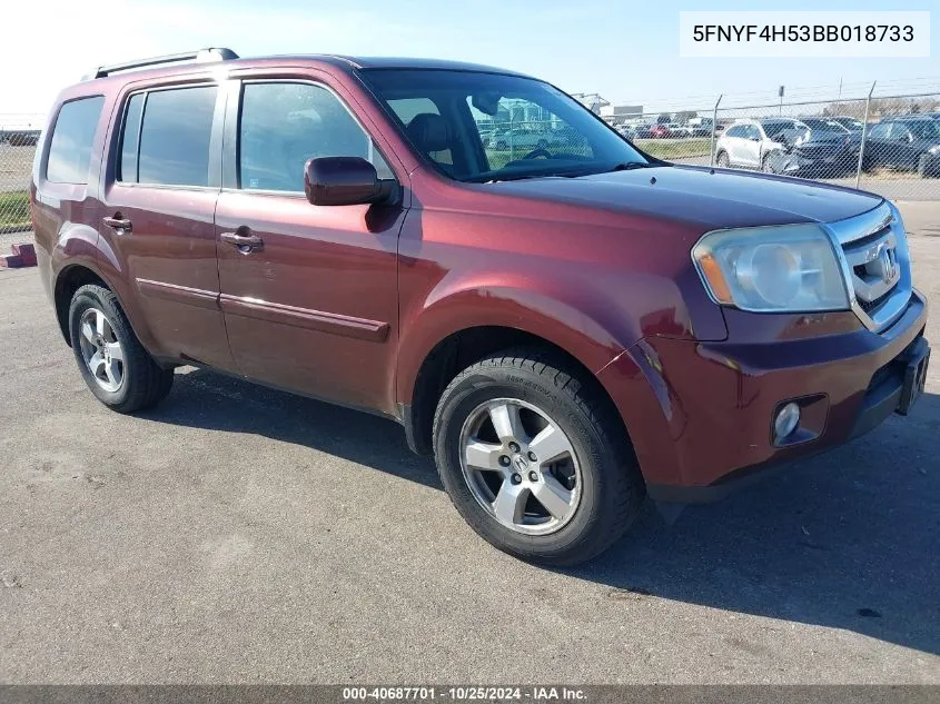 2011 Honda Pilot Ex-L VIN: 5FNYF4H53BB018733 Lot: 40687701