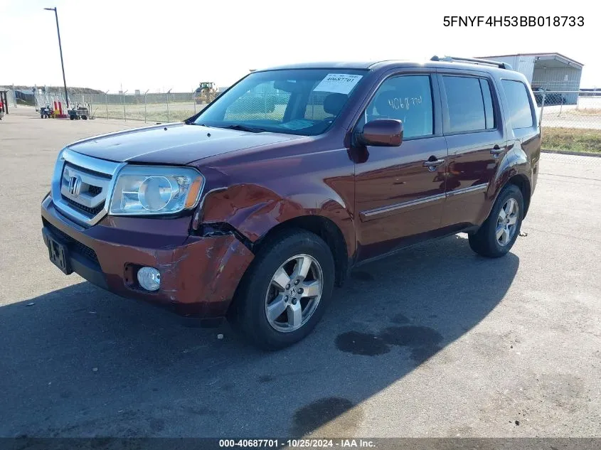 2011 Honda Pilot Ex-L VIN: 5FNYF4H53BB018733 Lot: 40687701