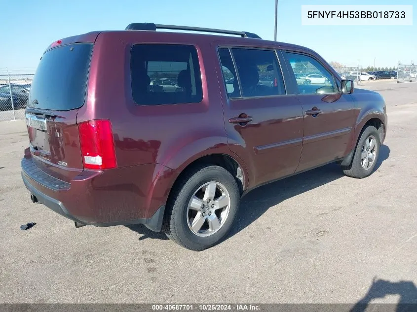 2011 Honda Pilot Ex-L VIN: 5FNYF4H53BB018733 Lot: 40687701