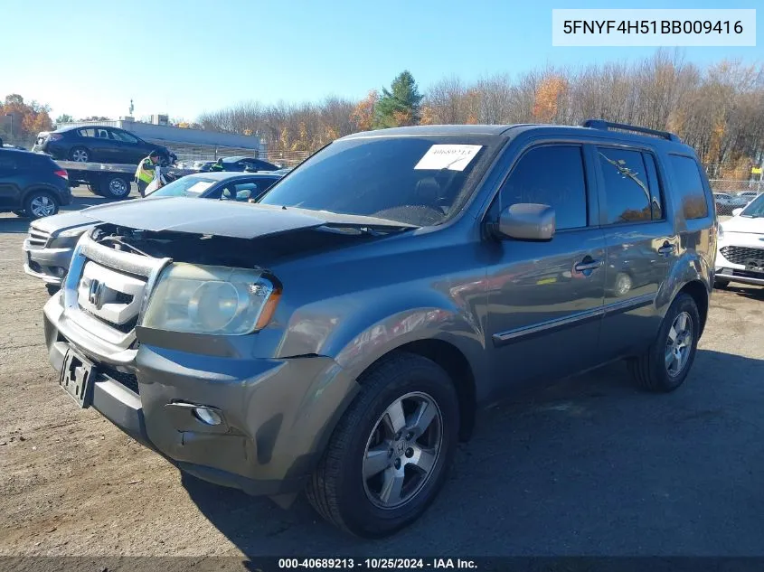 2011 Honda Pilot Ex-L VIN: 5FNYF4H51BB009416 Lot: 40689213