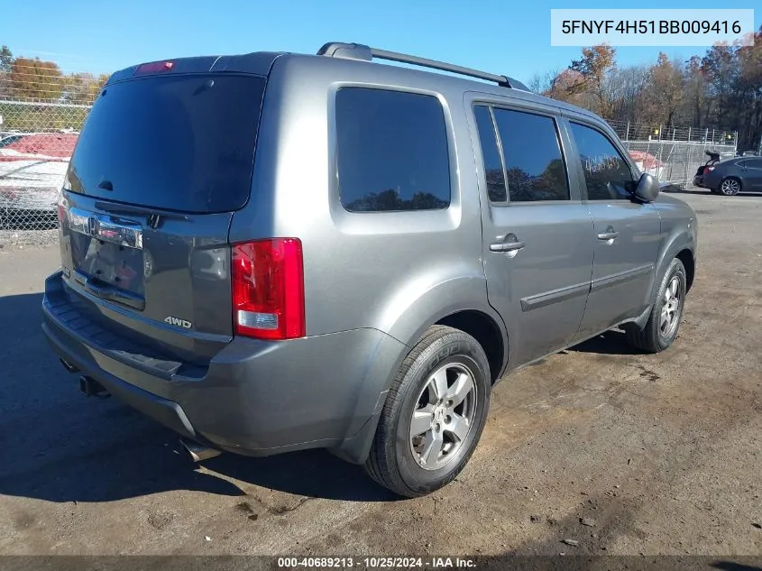 2011 Honda Pilot Ex-L VIN: 5FNYF4H51BB009416 Lot: 40689213