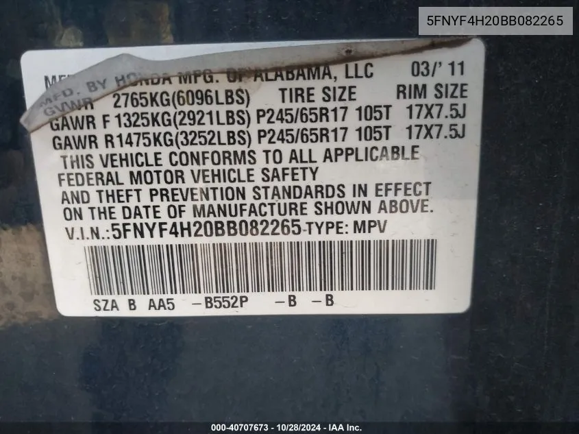 2011 Honda Pilot Lx VIN: 5FNYF4H20BB082265 Lot: 40707673