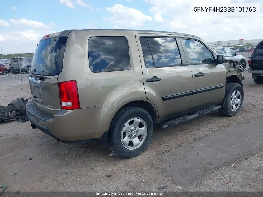 2011 Honda Pilot Lx VIN: 5FNYF4H23BB101763 Lot: 40722053