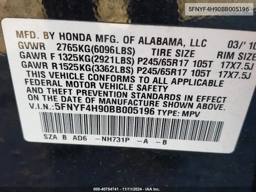 2011 Honda Pilot Touring VIN: 5FNYF4H90BB005196 Lot: 40754741