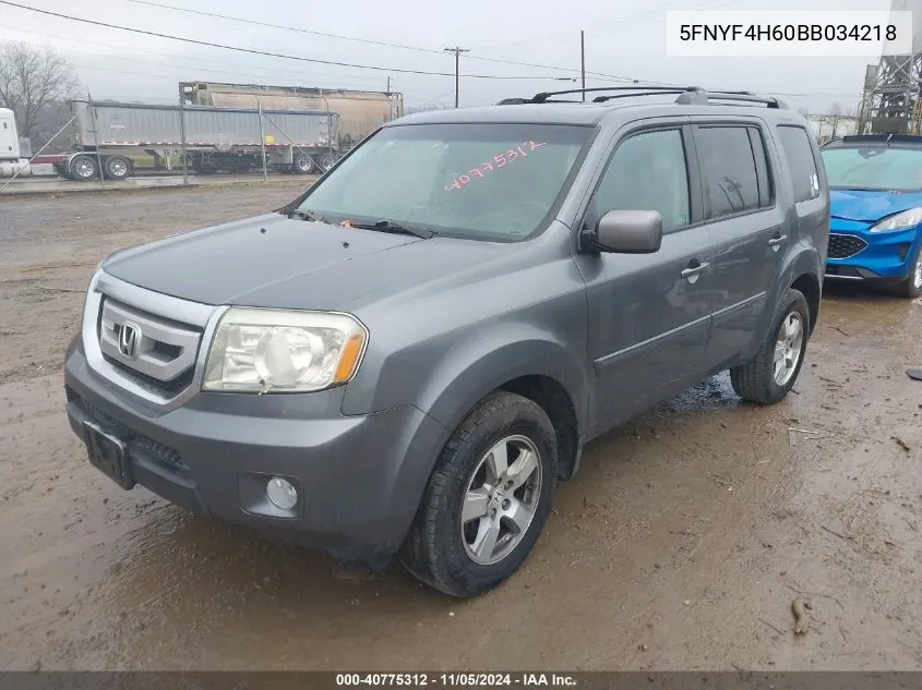 2011 Honda Pilot Ex-L VIN: 5FNYF4H60BB034218 Lot: 40775312