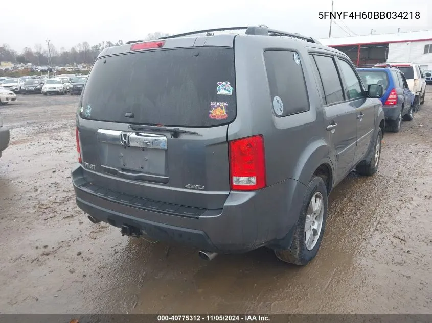 2011 Honda Pilot Ex-L VIN: 5FNYF4H60BB034218 Lot: 40775312