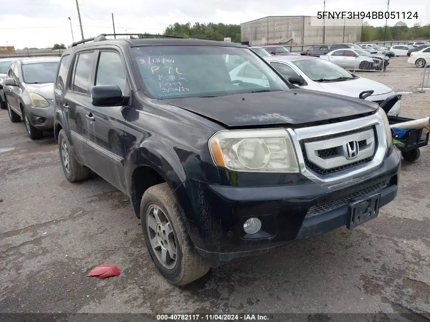 2011 Honda Pilot Touring VIN: 5FNYF3H94BB051124 Lot: 40782117