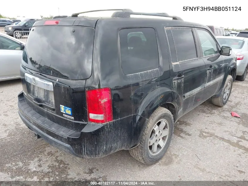 2011 Honda Pilot Touring VIN: 5FNYF3H94BB051124 Lot: 40782117