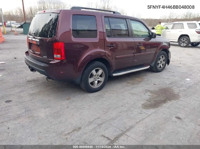 2011 Honda Pilot Ex VIN: 5FNYF4H46BB048008 Lot: 40858845