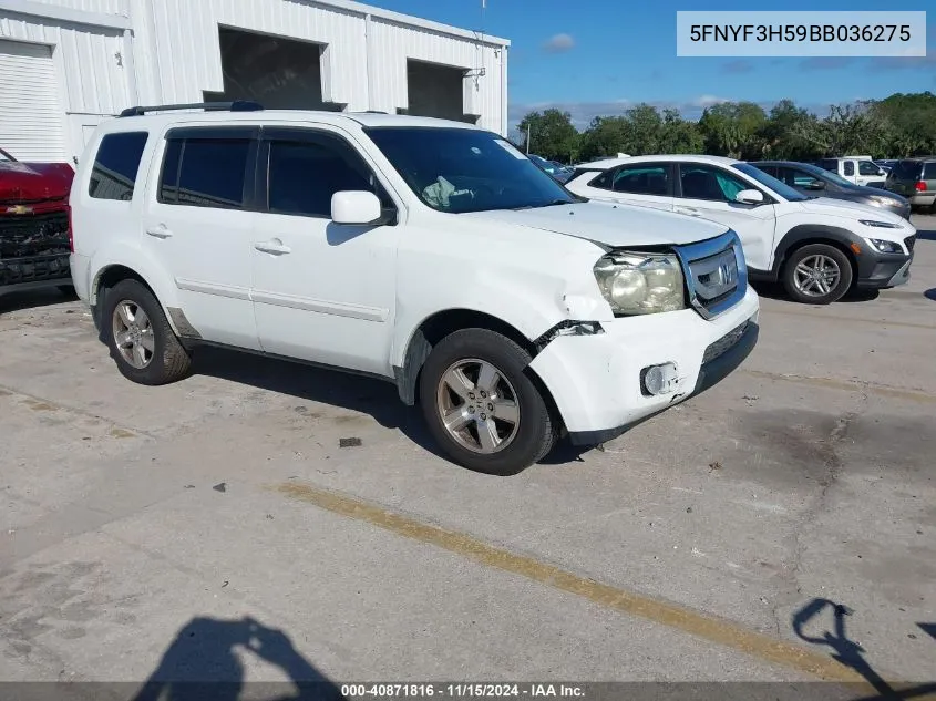 2011 Honda Pilot Ex-L VIN: 5FNYF3H59BB036275 Lot: 40871816