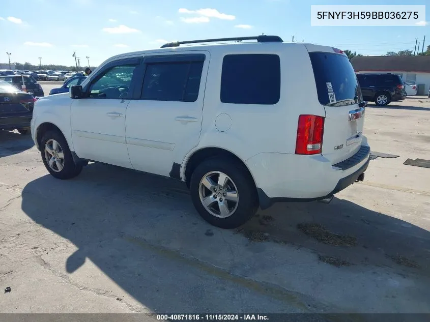 2011 Honda Pilot Ex-L VIN: 5FNYF3H59BB036275 Lot: 40871816