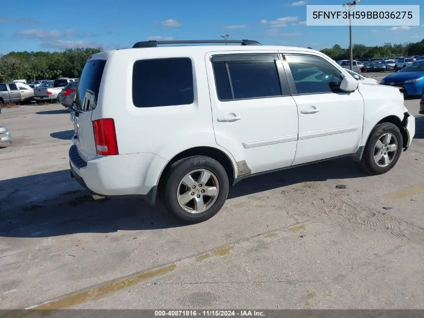 2011 Honda Pilot Ex-L VIN: 5FNYF3H59BB036275 Lot: 40871816