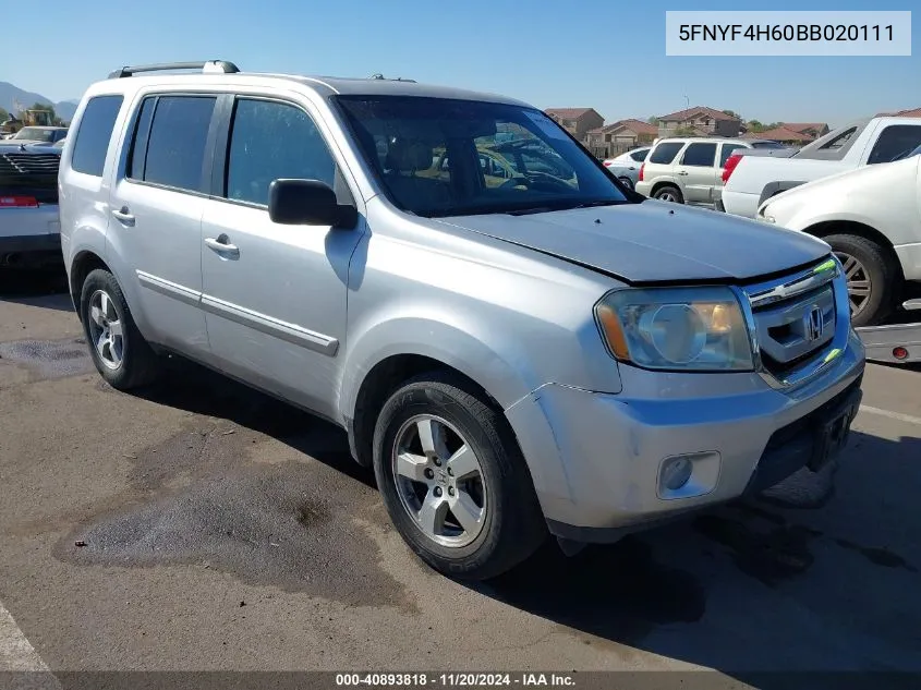 2011 Honda Pilot Ex-L VIN: 5FNYF4H60BB020111 Lot: 40893818