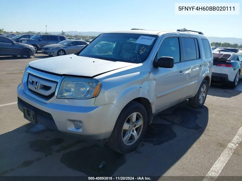 2011 Honda Pilot Ex-L VIN: 5FNYF4H60BB020111 Lot: 40893818