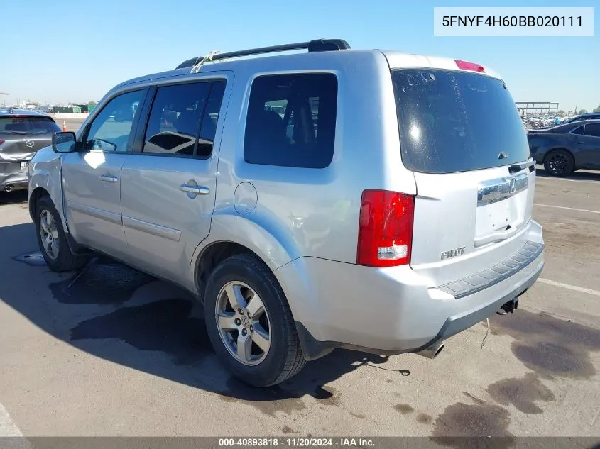 2011 Honda Pilot Ex-L VIN: 5FNYF4H60BB020111 Lot: 40893818