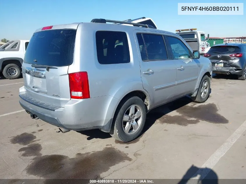 2011 Honda Pilot Ex-L VIN: 5FNYF4H60BB020111 Lot: 40893818