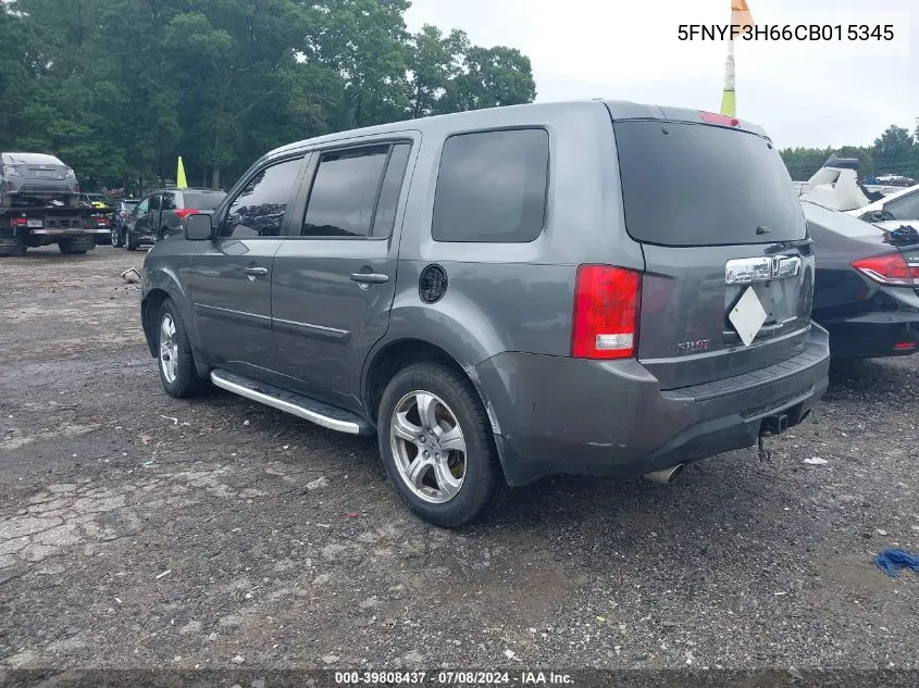 2012 Honda Pilot Ex-L VIN: 5FNYF3H66CB015345 Lot: 39808437