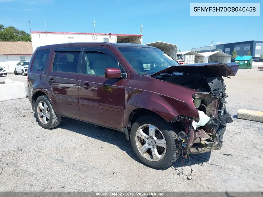 2012 Honda Pilot Ex-L VIN: 5FNYF3H70CB040458 Lot: 39994432