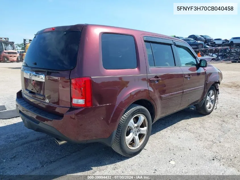 2012 Honda Pilot Ex-L VIN: 5FNYF3H70CB040458 Lot: 39994432