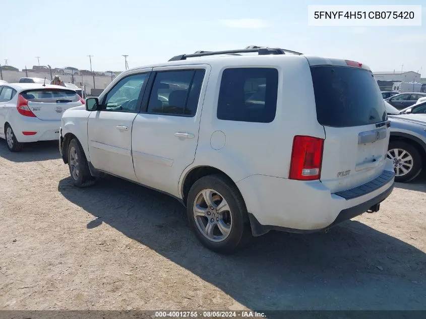 2012 Honda Pilot Ex-L VIN: 5FNYF4H51CB075420 Lot: 40012755