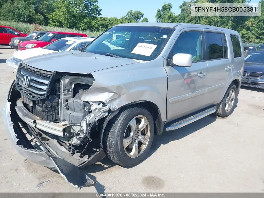 2012 Honda Pilot Ex-L VIN: 5FNYF4H58CB005381 Lot: 40019070