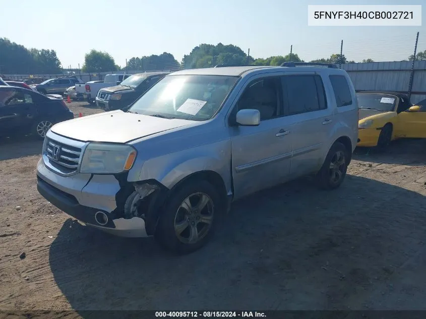 2012 Honda Pilot Ex VIN: 5FNYF3H40CB002721 Lot: 40095712