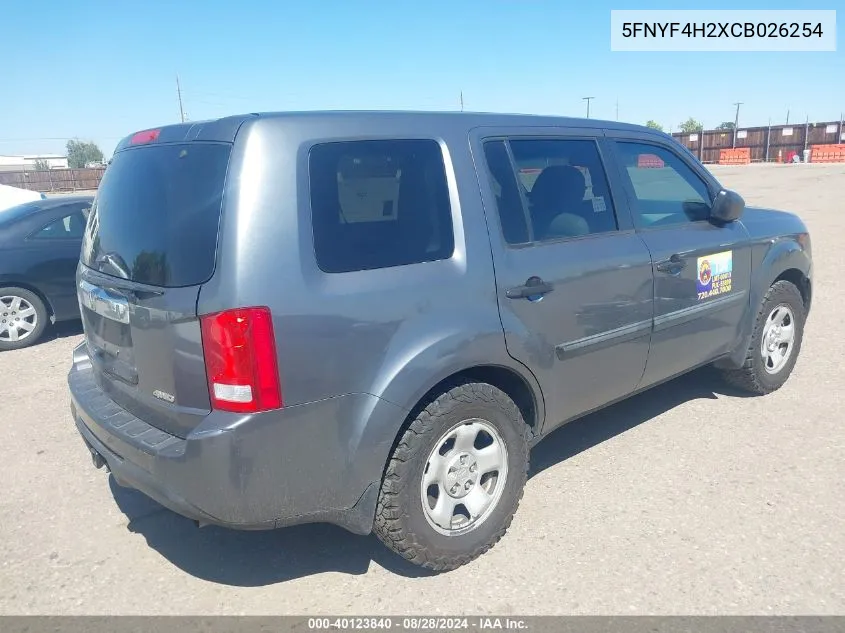 2012 Honda Pilot Lx VIN: 5FNYF4H2XCB026254 Lot: 40123840