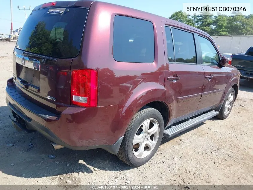 2012 Honda Pilot Ex-L VIN: 5FNYF4H51CB070346 Lot: 40163197