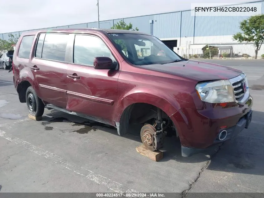 2012 Honda Pilot Ex-L VIN: 5FNYF3H62CB022048 Lot: 40224517