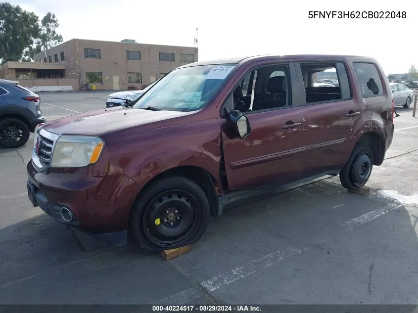 2012 Honda Pilot Ex-L VIN: 5FNYF3H62CB022048 Lot: 40224517