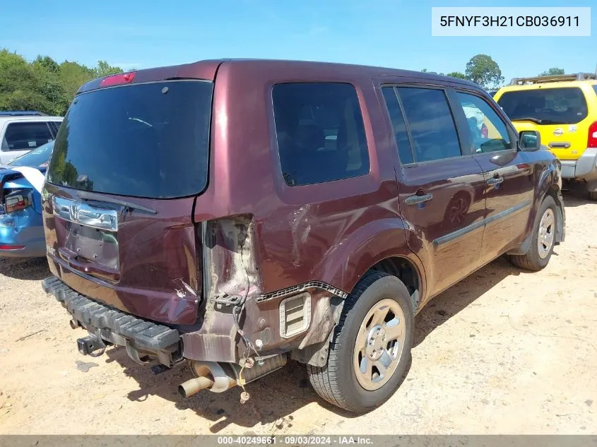 2012 Honda Pilot Lx VIN: 5FNYF3H21CB036911 Lot: 40249661