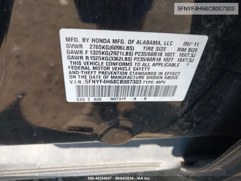 5FNYF4H68CB007303 2012 Honda Pilot Ex-L