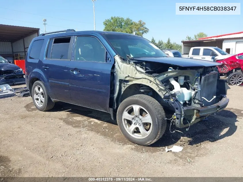 2012 Honda Pilot Ex-L VIN: 5FNYF4H58CB038347 Lot: 40312375