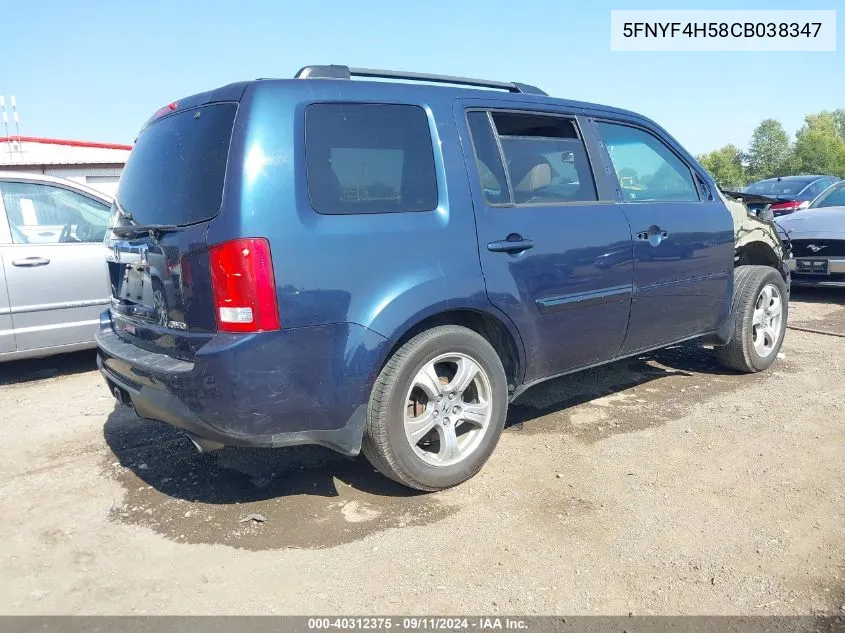 2012 Honda Pilot Ex-L VIN: 5FNYF4H58CB038347 Lot: 40312375