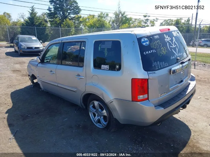 2012 Honda Pilot Ex-L VIN: 5FNYF3H51CB021352 Lot: 40331622