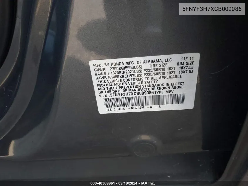 5FNYF3H7XCB009086 2012 Honda Pilot Ex-L