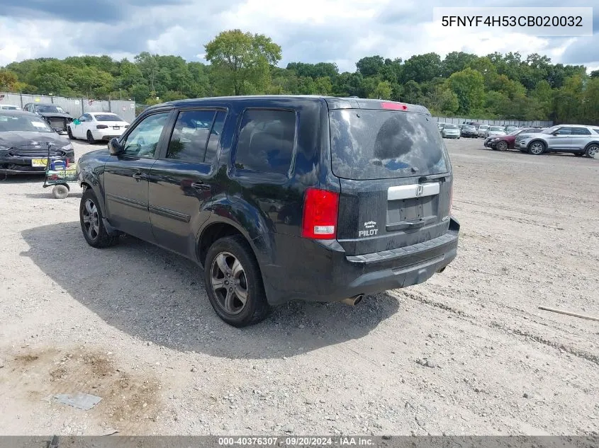 2012 Honda Pilot Ex-L VIN: 5FNYF4H53CB020032 Lot: 40376307