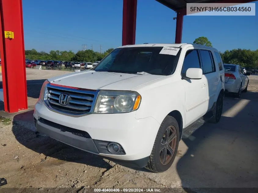 2012 Honda Pilot Ex-L VIN: 5FNYF3H66CB034560 Lot: 40400406